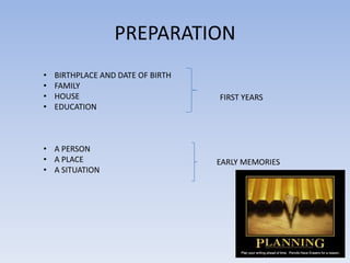 PREPARATION
•
•
•
•

BIRTHPLACE AND DATE OF BIRTH
FAMILY
HOUSE
EDUCATION

• A PERSON
• A PLACE
• A SITUATION

FIRST YEARS
...