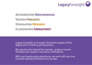 LegacyForesight
Legacy Foresight are Europe’s foremost analysts of the
legacy and in-memory giving sectors.
We appraise the state of the markets, produce income
forecasts and research into donor motivations.
With over twenty years experience, we work with over one
hundred leading charities across Europe.
Authoritative Benchmarking
Trusted Forecasts
Stimulating Research
Illuminating Consultancy
 