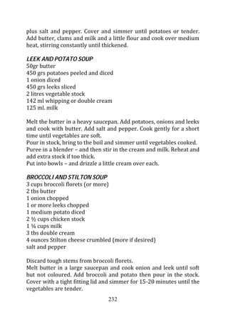 plus salt and pepper. Cover and simmer until potatoes or tender.
Add butter, clams and milk and a little flour and cook over medium
heat, stirring constantly until thickened.

LEEK AND POTATO SOUP
50gr butter
450 grs potatoes peeled and diced
1 onion diced
450 grs leeks sliced
2 litres vegetable stock
142 ml whipping or double cream
125 ml. milk

Melt the butter in a heavy saucepan. Add potatoes, onions and leeks
and cook with butter. Add salt and pepper. Cook gently for a short
time until vegetables are soft.
Pour in stock, bring to the boil and simmer until vegetables cooked.
Puree in a blender – and then stir in the cream and milk. Reheat and
add extra stock if too thick.
Put into bowls – and drizzle a little cream over each.

BROCCOLI AND STILTON SOUP
3 cups broccoli florets (or more)
2 tbs butter
1 onion chopped
1 or more leeks chopped
1 medium potato diced
2 ½ cups chicken stock
1 ¼ cups milk
3 tbs double cream
4 ounces Stilton cheese crumbled (more if desired)
salt and pepper

Discard tough stems from broccoli florets.
Melt butter in a large saucepan and cook onion and leek until soft
but not coloured. Add broccoli and potato then pour in the stock.
Cover with a tight fitting lid and simmer for 15-20 minutes until the
vegetables are tender.
                                232
 