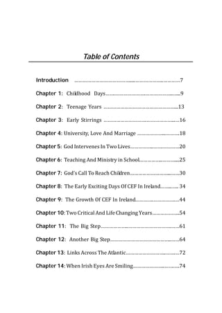 Table of Contents


Introduction    ………………………………….....………………..…………7

Chapter 1: Childhood Days…….………………….………………..…...9

Chapter 2: Teenage Years ……………………………………………...13

Chapter 3: Early Stirrings ………………………….………………...…16

Chapter 4: University, Love And Marriage ………………...……….18

Chapter 5: God Intervenes In Two Lives……………..…….…………20

Chapter 6: Teaching And Ministry in School……………..………....25

Chapter 7: God’s Call To Reach Children………………………...……30

Chapter 8: The Early Exciting Days Of CEF In Ireland……...….. 34

Chapter 9: The Growth Of CEF In Ireland………….…………….…44

Chapter 10: Two Critical And Life Changing Years………………..54

Chapter 11: The Big Step………………..………………………….……61

Chapter 12: Another Big Step……………………………………..……64

Chapter 13: Links Across The Atlantic………………………..…….…72

Chapter 14: When Irish Eyes Are Smiling…………………..…….….74
 