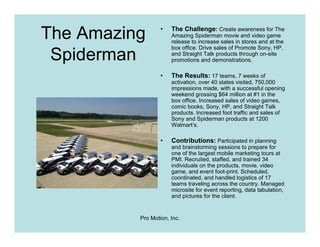 The Amazing       •   The Challenge: Create awareness for The
                      Amazing Spiderman movie and video game
                      release to increase sales in stores and at the

 Spiderman
                      box office. Drive sales of Promote Sony, HP,
                      and Straight Talk products through on-site
                      promotions and demonstrations.

                  •   The Results: 17 teams, 7 weeks of
                      activation, over 40 states visited, 750,000
                      impressions made, with a successful opening
                      weekend grossing $64 million at #1 in the
                      box office. Increased sales of video games,
                      comic books, Sony, HP, and Straight Talk
                      products. Increased foot traffic and sales of
                      Sony and Spiderman products at 1200
                      Walmart’s.

                  •   Contributions: Participated in planning
                      and brainstorming sessions to prepare for
                      one of the largest mobile marketing tours at
                      PMI. Recruited, staffed, and trained 34
                      individuals on the products, movie, video
                      game, and event foot-print. Scheduled,
                      coordinated, and handled logistics of 17
                      teams traveling across the country. Managed
                      microsite for event reporting, data tabulation,
                      and pictures for the client.


          Pro Motion, Inc.
 