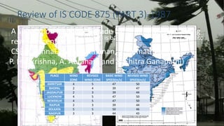 Review of IS CODE 875 (PART 3)-1987
• The basic wind speed map was is based on the wind speed data upto
1982..
A suggestion have been made by Structural engineering
research center ,
CSRI,Chennai.( N. Lakshmanan, S. Gomathinayagam,
P. Harikrishna, A. Abraham and S. Chitra Ganapathi)
PLACE WIND
ZONE
REVISED
WIND ZONE
BASIC WIND
SPEED(m/s)
REVISED WIND
SPEED(m/s)
AMRITSAR 4 5 47 50
BHOPAL 2 4 39 47
JAGDALPUR 2 3 39 44
LUCKNOW 4 5 47 50
NEWDELHI 4 5 47 50
RAIPUR 2 3 39 44
KOLKATA 5 5 50 46
NAGPUR 3 3 44 43
 