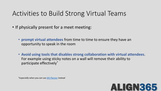 Activities to Build Strong Virtual Teams
• If physically present for a meet meeting:
• prompt virtual attendees from time to time to ensure they have an
opportunity to speak in the room
• Avoid using tools that disables strong collaboration with virtual attendees.
For example using sticky notes on a wall will remove their ability to
participate effectively*
*especially when you can use MS Planner instead
 