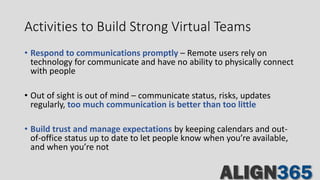 Activities to Build Strong Virtual Teams
• Respond to communications promptly – Remote users rely on
technology for communicate and have no ability to physically connect
with people
• Out of sight is out of mind – communicate status, risks, updates
regularly, too much communication is better than too little
• Build trust and manage expectations by keeping calendars and out-
of-office status up to date to let people know when you’re available,
and when you’re not
 