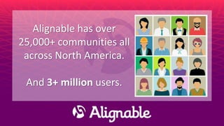 Alignable has over
25,000+ communities all
across North America.
And 3+ million users.
 