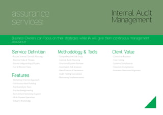 assurance
services:
Internal Audit
Management
• Assure Internal Controls Working
• Monitor Risks & Threats
• Ensure Safegu...