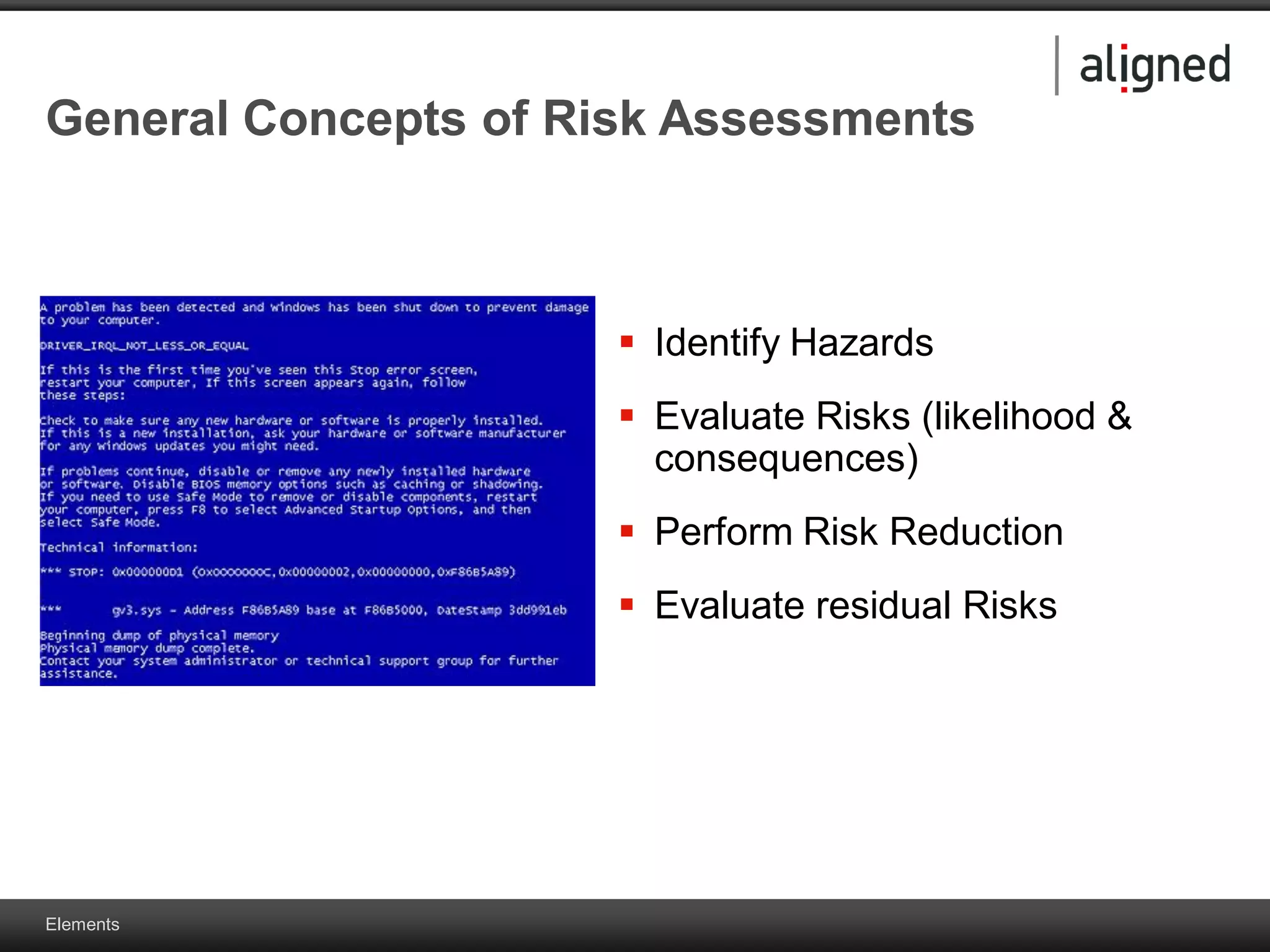 Elements
General Concepts of Risk Assessments
 Identify Hazards
 Evaluate Risks (likelihood &
consequences)
 Perform Risk Reduction
 Evaluate residual Risks
 
