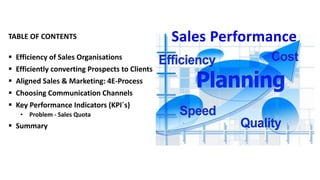 TABLE OF CONTENTS 
 Efficiency of Sales Organisations 
 Efficiently converting Prospects to Clients 
 Aligned Sales & Marketing: 4E-Process 
 Choosing Communication Channels 
 Key Performance Indicators (KPI´s) 
• Problem - Sales Quota 
 Summary 
Sales Performance 
 