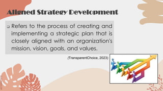 SLIDESMANIA.COM
SLIDESMANIA.COM
Aligned Strategy Development
❑ Refers to the process of creating and
implementing a strategic plan that is
closely aligned with an organization's
mission, vision, goals, and values.
(TransparentChoice, 2023)
 