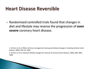 Randomized controlled trials found that changes in diet and lifestyle may reverse the progression of even severe coronary heart disease.	1. Ornish, D. et al: Effects of stress management training and dietary changes in treating ischemic heart disease. JAMA, 249: 54, 1983	2. Ornish, D. et al: Intensive lifestyle changes for reversal of coronary heart disease. JAMA, 280: 2001, 1998Heart Disease Reversible