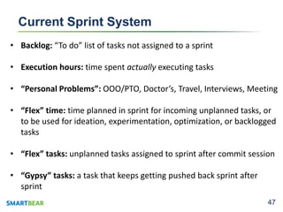 Current Sprint System
• Backlog: “To do” list of tasks not assigned to a sprint
• Execution hours: time spent actually exe...