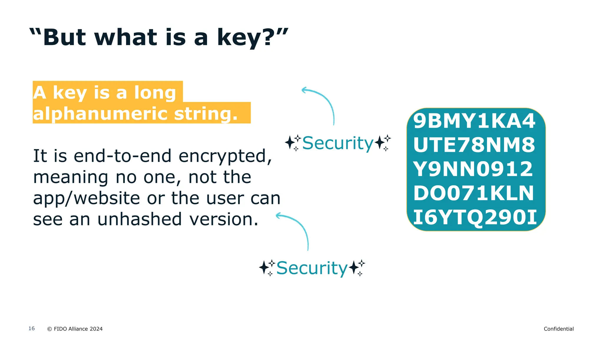 © FIDO Alliance 2024 Confidential
16
“But what is a key?”
A key is a long
alphanumeric string.
It is end-to-end encrypted,
meaning no one, not the
app/website or the user can
see an unhashed version.
9BMY1KA4
UTE78NM8
Y9NN0912
DO071KLN
I6YTQ290I
✨Security✨
✨Security✨
 