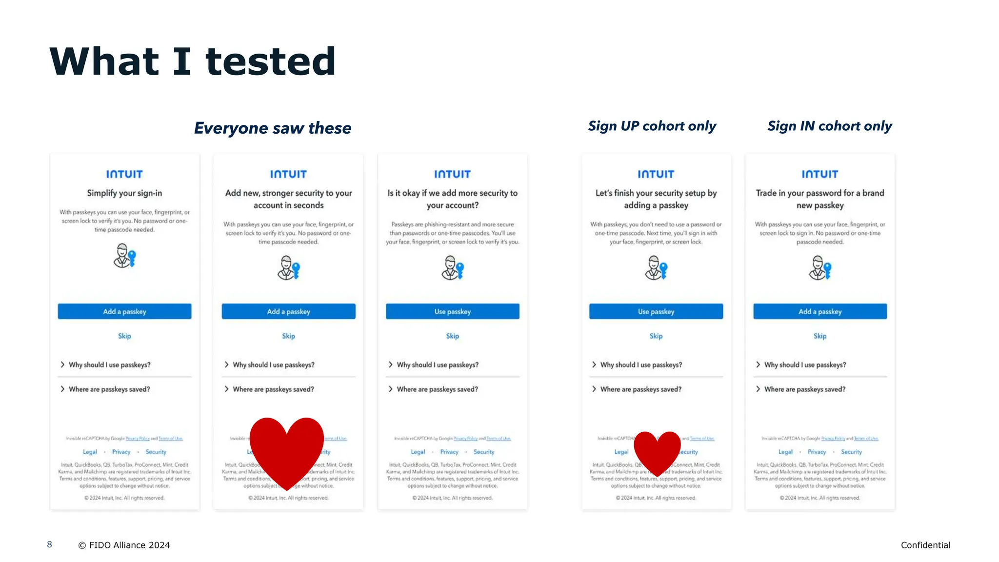© FIDO Alliance 2024 Confidential
8
What I tested
Everyone saw these Sign UP cohort only Sign IN cohort only
 