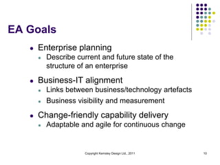 EA Goals
   l   Enterprise planning
       l   Describe current and future state of the
           structure of an enterprise

   l   Business-IT alignment
       l   Links between business/technology artefacts
       l   Business visibility and measurement

   l   Change-friendly capability delivery
       l   Adaptable and agile for continuous change


                       Copyright Kemsley Design Ltd., 2011   10
 
