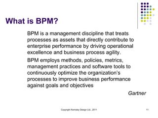 What is BPM?
    BPM is a management discipline that treats
    processes as assets that directly contribute to
    enterprise performance by driving operational
    excellence and business process agility.
    BPM employs methods, policies, metrics,
    management practices and software tools to
    continuously optimize the organization’s
    processes to improve business performance
    against goals and objectives
                                                        Gartner

                  Copyright Kemsley Design Ltd., 2011             11
 