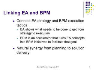 Linking EA and BPM
   l   Connect EA strategy and BPM execution
       tactics
       l   EA shows what needs to be done to get from
           strategy to execution
       l   BPM is an accelerator that turns EA concepts
           into BPM initiatives to facilitate that goal

   l   Natural synergy from planning to solution
       delivery


                      Copyright Kemsley Design Ltd., 2011   16
 