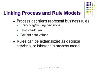 Linking Process and Rule Models
   l   Process decisions represent business rules
       l   Branching/routing decisions
       l   Data validation
       l   Get/set data values

   l   Rules can be externalized as decision
       services, or inherent in process model




                      Copyright Kemsley Design Ltd., 2011   34
 