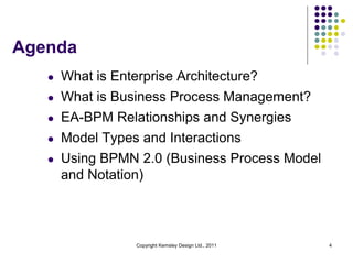 Agenda
   l   What is Enterprise Architecture?
   l   What is Business Process Management?
   l   EA-BPM Relationships and Synergies
   l   Model Types and Interactions
   l   Using BPMN 2.0 (Business Process Model
       and Notation)



                   Copyright Kemsley Design Ltd., 2011   4
 