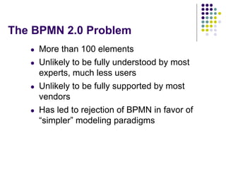 The BPMN 2.0 Problem
   l   More than 100 elements
   l   Unlikely to be fully understood by most
       experts, much less users
   l   Unlikely to be fully supported by most
       vendors
   l   Has led to rejection of BPMN in favor of
       “simpler” modeling paradigms
 