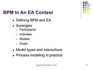 BPM In An EA Context
   l   Defining BPM and EA
   l   Synergies
       l   Participants
       l   Activities
       l   Models
       l   Goals

   l   Model types and interactions
   l   Process modeling in practice

                          Copyright Kemsley Design Ltd., 2011   55
 
