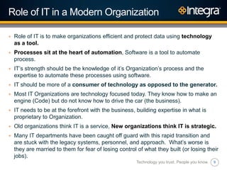 9
Role of IT in a Modern Organization
+ Role of IT is to make organizations efficient and protect data using technology
as a tool.
+ Processes sit at the heart of automation, Software is a tool to automate
process.
+ IT‟s strength should be the knowledge of it‟s Organization‟s process and the
expertise to automate these processes using software.
+ IT should be more of a consumer of technology as opposed to the generator.
+ Most IT Organizations are technology focused today. They know how to make an
engine (Code) but do not know how to drive the car (the business).
+ IT needs to be at the forefront with the business, building expertise in what is
proprietary to Organization.
+ Old organizations think IT is a service, New organizations think IT is strategic.
+ Many IT departments have been caught off guard with this rapid transition and
are stuck with the legacy systems, personnel, and approach. What‟s worse is
they are married to them for fear of losing control of what they built (or losing their
jobs).
Technology you trust. People you know.
 