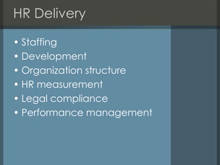 HR Delivery

• Staffing
• Development
• Organization structure
• HR measurement
• Legal compliance
• Performance management
 