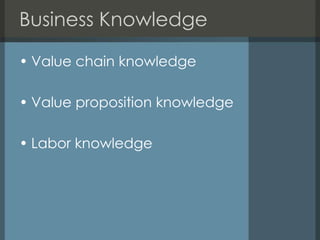 Business Knowledge

• Value chain knowledge

• Value proposition knowledge

• Labor knowledge
 