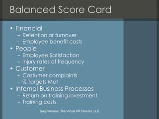 Balanced Score Card
• Financial
  – Retention or turnover
  – Employee benefit costs
• People
  – Employee Satisfaction
  – Injury rates of frequency
• Customer
  – Costumer complaints
  – % Targets Met
• Internal Business Processes
  – Return on training investment
  – Training costs
           Gary Wheeler, The Virtual HR Director, LLC
 