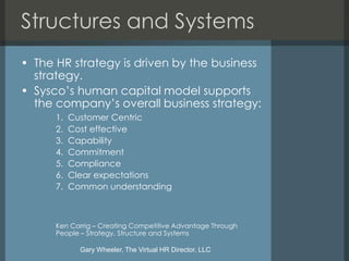 Structures and Systems
• The HR strategy is driven by the business
  strategy.
• Sysco’s human capital model supports
  the company’s overall business strategy:
      1.   Customer Centric
      2.   Cost effective
      3.   Capability
      4.   Commitment
      5.   Compliance
      6.   Clear expectations
      7.   Common understanding



      Ken Carrig – Creating Competitive Advantage Through
      People – Strategy, Structure and Systems

             Gary Wheeler, The Virtual HR Director, LLC
 