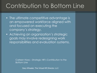Contribution to Bottom Line
• The ultimate competitive advantage is
  an empowered workforce aligned with
  and focused on executing the
  company’s strategy.
• Achieving an organization’s strategic
  goals may involve redesigning work
  responsibilities and evaluation systems.




      Carleen Haas – Strategic HR’s Contribution to the
      Bottom Line

            Gary Wheeler, The Virtual HR Director, LLC
 