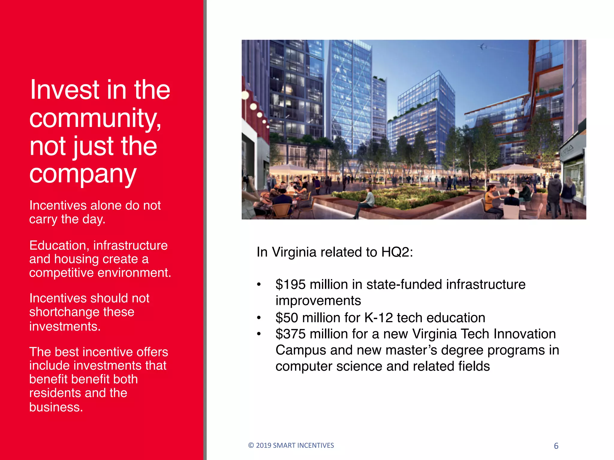Invest in the
community,
not just the
company
Incentives alone do not
carry the day.
Education, infrastructure
and housing create a
competitive environment.
Incentives should not
shortchange these
investments.
The best incentive offers
include investments that
benefit benefit both
residents and the
business.
© 2019 SMART INCENTIVES 6
In Virginia related to HQ2:
• $195 million in state-funded infrastructure
improvements
• $50 million for K-12 tech education
• $375 million for a new Virginia Tech Innovation
Campus and new master’s degree programs in
computer science and related fields
 
