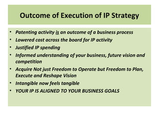 Outcome of Execution of IP Strategy
• Patenting activity is an outcome of a business process
• Lowered cost across the board for IP activity
• Justified IP spending
• Informed understanding of your business, future vision and
competition
• Acquire Not just Freedom to Operate but Freedom to Plan,
Execute and Reshape Vision
• Intangible now feels tangible
• YOUR IP IS ALIGNED TO YOUR BUSINESS GOALS
 