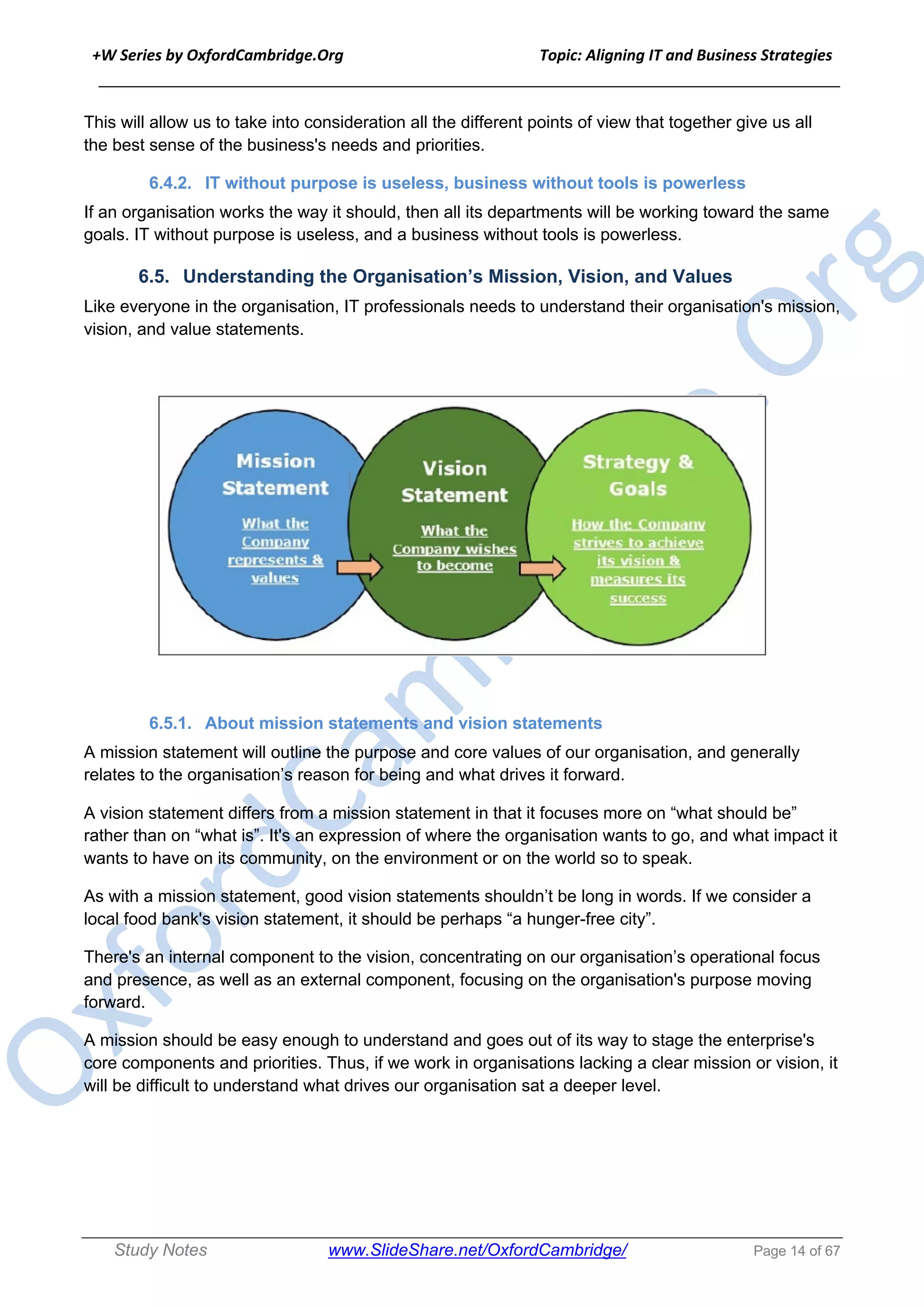 +W Series by OxfordCambridge.Org Topic: Aligning IT and Business Strategies
______________________________________________________________________________
Study Notes www.SlideShare.net/OxfordCambridge/ Page 14 of 67
This will allow us to take into consideration all the different points of view that together give us all
the best sense of the business's needs and priorities.
6.4.2. IT without purpose is useless, business without tools is powerless
If an organisation works the way it should, then all its departments will be working toward the same
goals. IT without purpose is useless, and a business without tools is powerless.
6.5. Understanding the Organisation’s Mission, Vision, and Values
Like everyone in the organisation, IT professionals needs to understand their organisation's mission,
vision, and value statements.
6.5.1. About mission statements and vision statements
A mission statement will outline the purpose and core values of our organisation, and generally
relates to the organisation’s reason for being and what drives it forward.
A vision statement differs from a mission statement in that it focuses more on “what should be”
rather than on “what is”. It's an expression of where the organisation wants to go, and what impact it
wants to have on its community, on the environment or on the world so to speak.
As with a mission statement, good vision statements shouldn’t be long in words. If we consider a
local food bank's vision statement, it should be perhaps “a hunger-free city”.
There's an internal component to the vision, concentrating on our organisation’s operational focus
and presence, as well as an external component, focusing on the organisation's purpose moving
forward.
A mission should be easy enough to understand and goes out of its way to stage the enterprise's
core components and priorities. Thus, if we work in organisations lacking a clear mission or vision, it
will be difficult to understand what drives our organisation sat a deeper level.
 