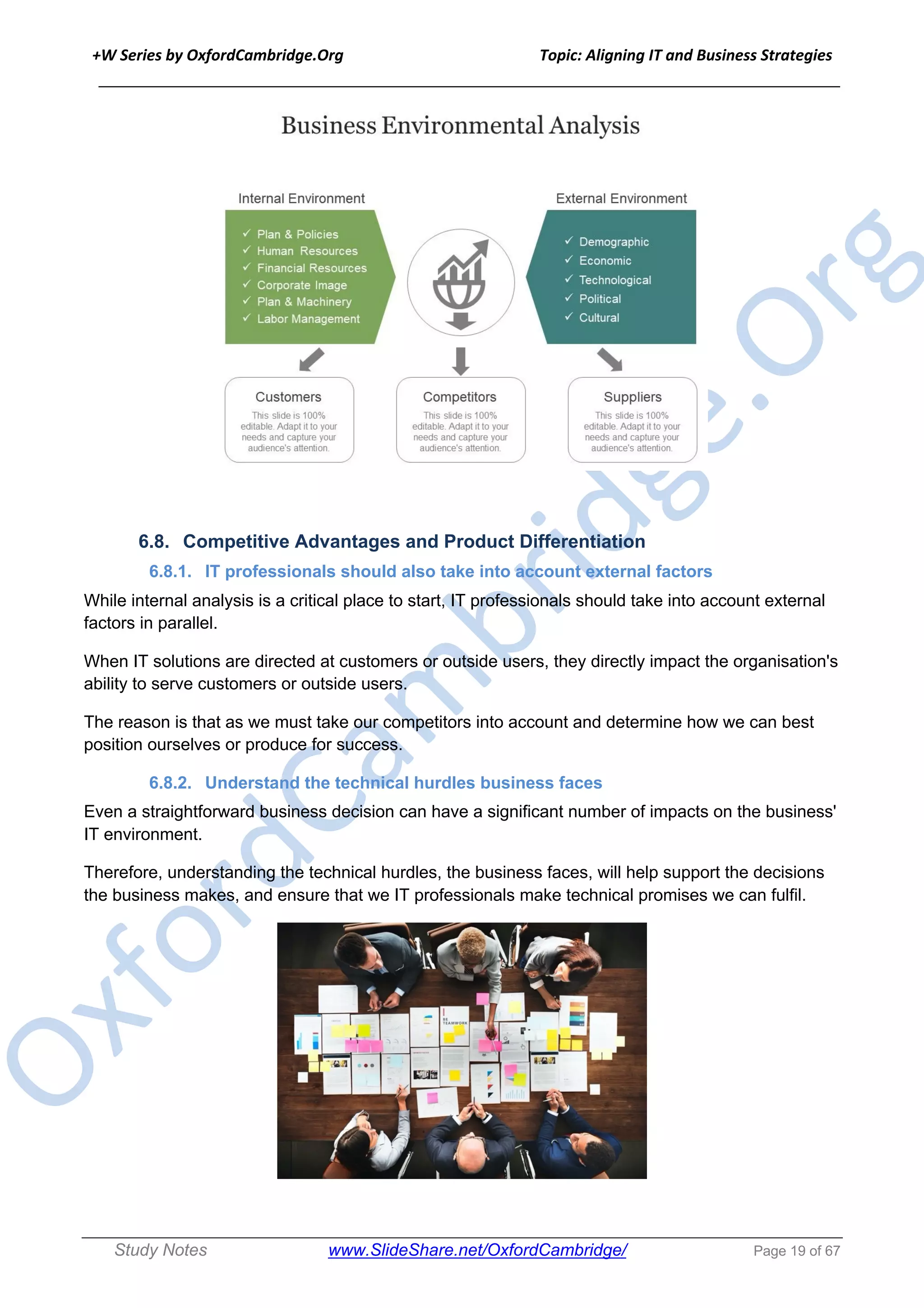 +W Series by OxfordCambridge.Org Topic: Aligning IT and Business Strategies
______________________________________________________________________________
Study Notes www.SlideShare.net/OxfordCambridge/ Page 19 of 67
6.8. Competitive Advantages and Product Differentiation
6.8.1. IT professionals should also take into account external factors
While internal analysis is a critical place to start, IT professionals should take into account external
factors in parallel.
When IT solutions are directed at customers or outside users, they directly impact the organisation's
ability to serve customers or outside users.
The reason is that as we must take our competitors into account and determine how we can best
position ourselves or produce for success.
6.8.2. Understand the technical hurdles business faces
Even a straightforward business decision can have a significant number of impacts on the business'
IT environment.
Therefore, understanding the technical hurdles, the business faces, will help support the decisions
the business makes, and ensure that we IT professionals make technical promises we can fulfil.
 