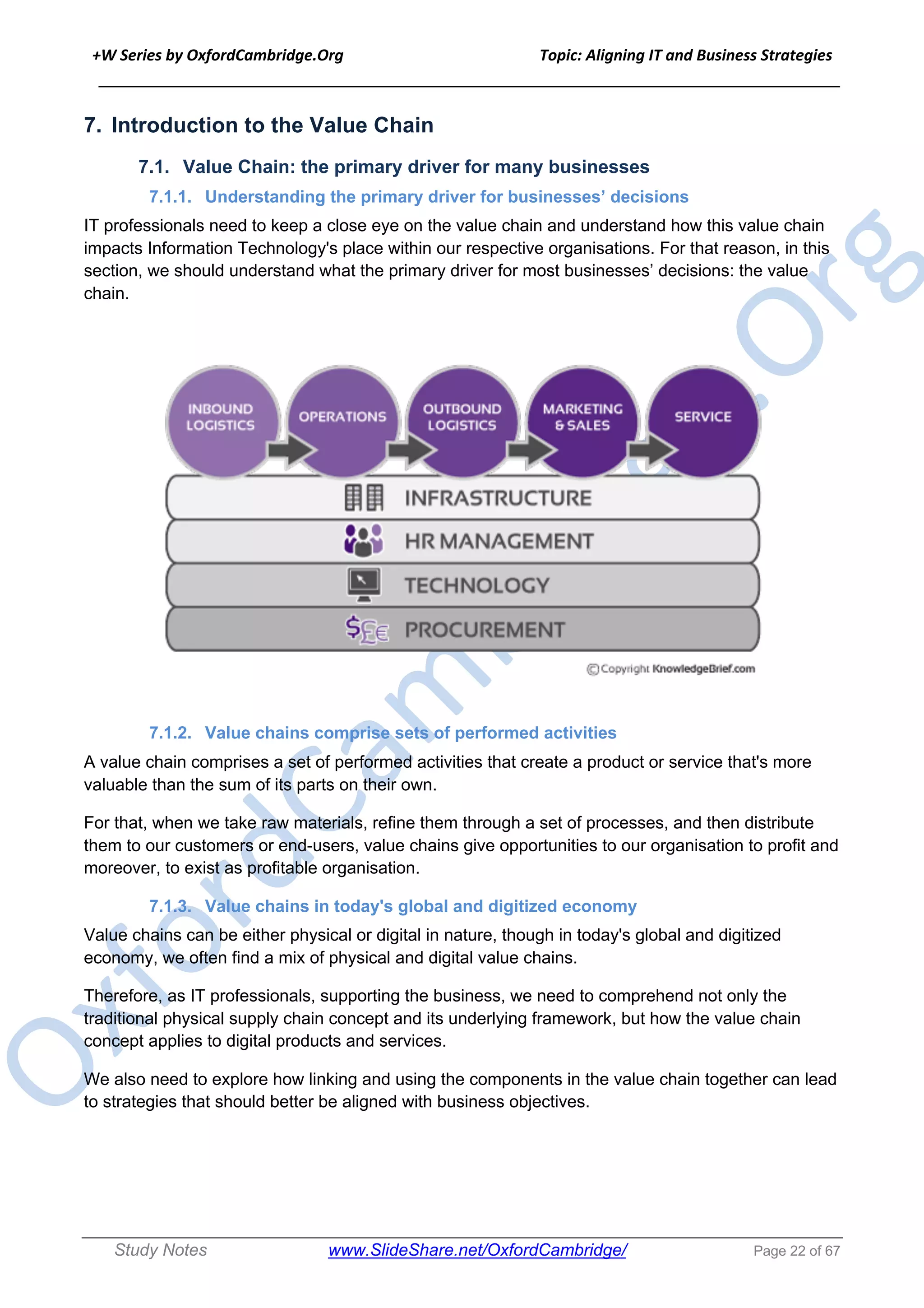 +W Series by OxfordCambridge.Org Topic: Aligning IT and Business Strategies
______________________________________________________________________________
Study Notes www.SlideShare.net/OxfordCambridge/ Page 22 of 67
7. Introduction to the Value Chain
7.1. Value Chain: the primary driver for many businesses
7.1.1. Understanding the primary driver for businesses’ decisions
IT professionals need to keep a close eye on the value chain and understand how this value chain
impacts Information Technology's place within our respective organisations. For that reason, in this
section, we should understand what the primary driver for most businesses’ decisions: the value
chain.
7.1.2. Value chains comprise sets of performed activities
A value chain comprises a set of performed activities that create a product or service that's more
valuable than the sum of its parts on their own.
For that, when we take raw materials, refine them through a set of processes, and then distribute
them to our customers or end-users, value chains give opportunities to our organisation to profit and
moreover, to exist as profitable organisation.
7.1.3. Value chains in today's global and digitized economy
Value chains can be either physical or digital in nature, though in today's global and digitized
economy, we often find a mix of physical and digital value chains.
Therefore, as IT professionals, supporting the business, we need to comprehend not only the
traditional physical supply chain concept and its underlying framework, but how the value chain
concept applies to digital products and services.
We also need to explore how linking and using the components in the value chain together can lead
to strategies that should better be aligned with business objectives.
 