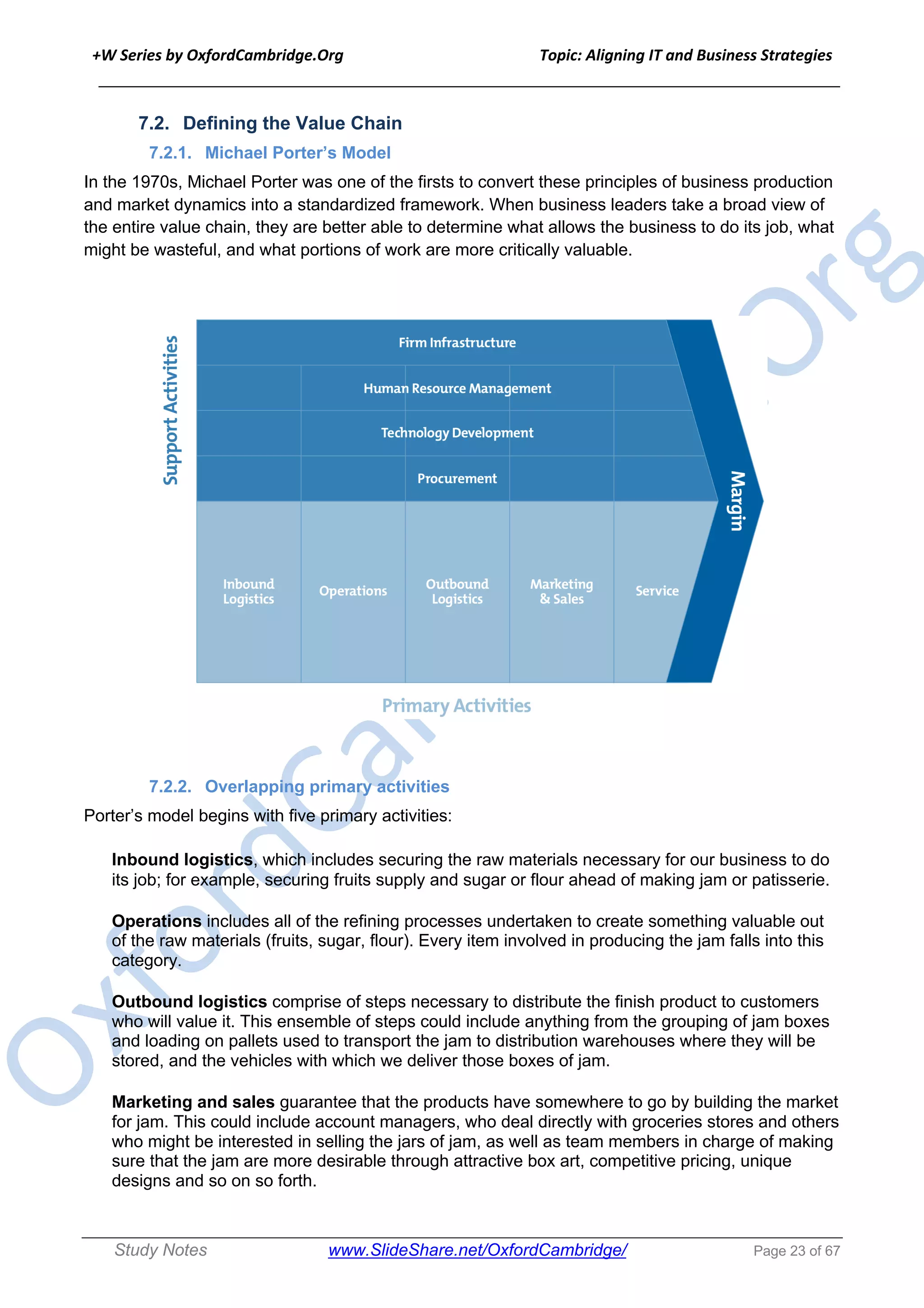 +W Series by OxfordCambridge.Org Topic: Aligning IT and Business Strategies
______________________________________________________________________________
Study Notes www.SlideShare.net/OxfordCambridge/ Page 23 of 67
7.2. Defining the Value Chain
7.2.1. Michael Porter’s Model
In the 1970s, Michael Porter was one of the firsts to convert these principles of business production
and market dynamics into a standardized framework. When business leaders take a broad view of
the entire value chain, they are better able to determine what allows the business to do its job, what
might be wasteful, and what portions of work are more critically valuable.
7.2.2. Overlapping primary activities
Porter’s model begins with five primary activities:
Inbound logistics, which includes securing the raw materials necessary for our business to do
its job; for example, securing fruits supply and sugar or flour ahead of making jam or patisserie.
Operations includes all of the refining processes undertaken to create something valuable out
of the raw materials (fruits, sugar, flour). Every item involved in producing the jam falls into this
category.
Outbound logistics comprise of steps necessary to distribute the finish product to customers
who will value it. This ensemble of steps could include anything from the grouping of jam boxes
and loading on pallets used to transport the jam to distribution warehouses where they will be
stored, and the vehicles with which we deliver those boxes of jam.
Marketing and sales guarantee that the products have somewhere to go by building the market
for jam. This could include account managers, who deal directly with groceries stores and others
who might be interested in selling the jars of jam, as well as team members in charge of making
sure that the jam are more desirable through attractive box art, competitive pricing, unique
designs and so on so forth.
 