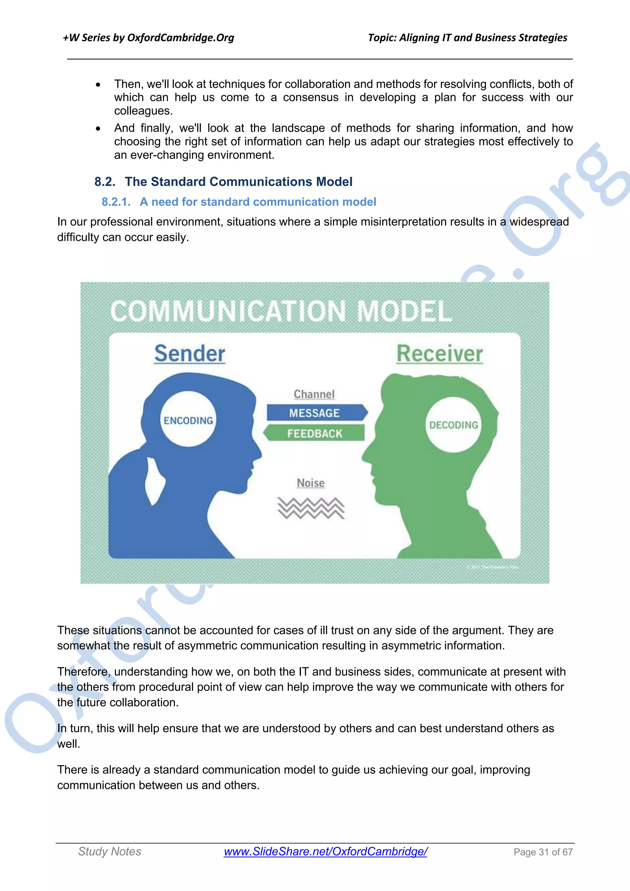 +W Series by OxfordCambridge.Org Topic: Aligning IT and Business Strategies
______________________________________________________________________________
Study Notes www.SlideShare.net/OxfordCambridge/ Page 31 of 67
• Then, we'll look at techniques for collaboration and methods for resolving conflicts, both of
which can help us come to a consensus in developing a plan for success with our
colleagues.
• And finally, we'll look at the landscape of methods for sharing information, and how
choosing the right set of information can help us adapt our strategies most effectively to
an ever-changing environment.
8.2. The Standard Communications Model
8.2.1. A need for standard communication model
In our professional environment, situations where a simple misinterpretation results in a widespread
difficulty can occur easily.
These situations cannot be accounted for cases of ill trust on any side of the argument. They are
somewhat the result of asymmetric communication resulting in asymmetric information.
Therefore, understanding how we, on both the IT and business sides, communicate at present with
the others from procedural point of view can help improve the way we communicate with others for
the future collaboration.
In turn, this will help ensure that we are understood by others and can best understand others as
well.
There is already a standard communication model to guide us achieving our goal, improving
communication between us and others.
 