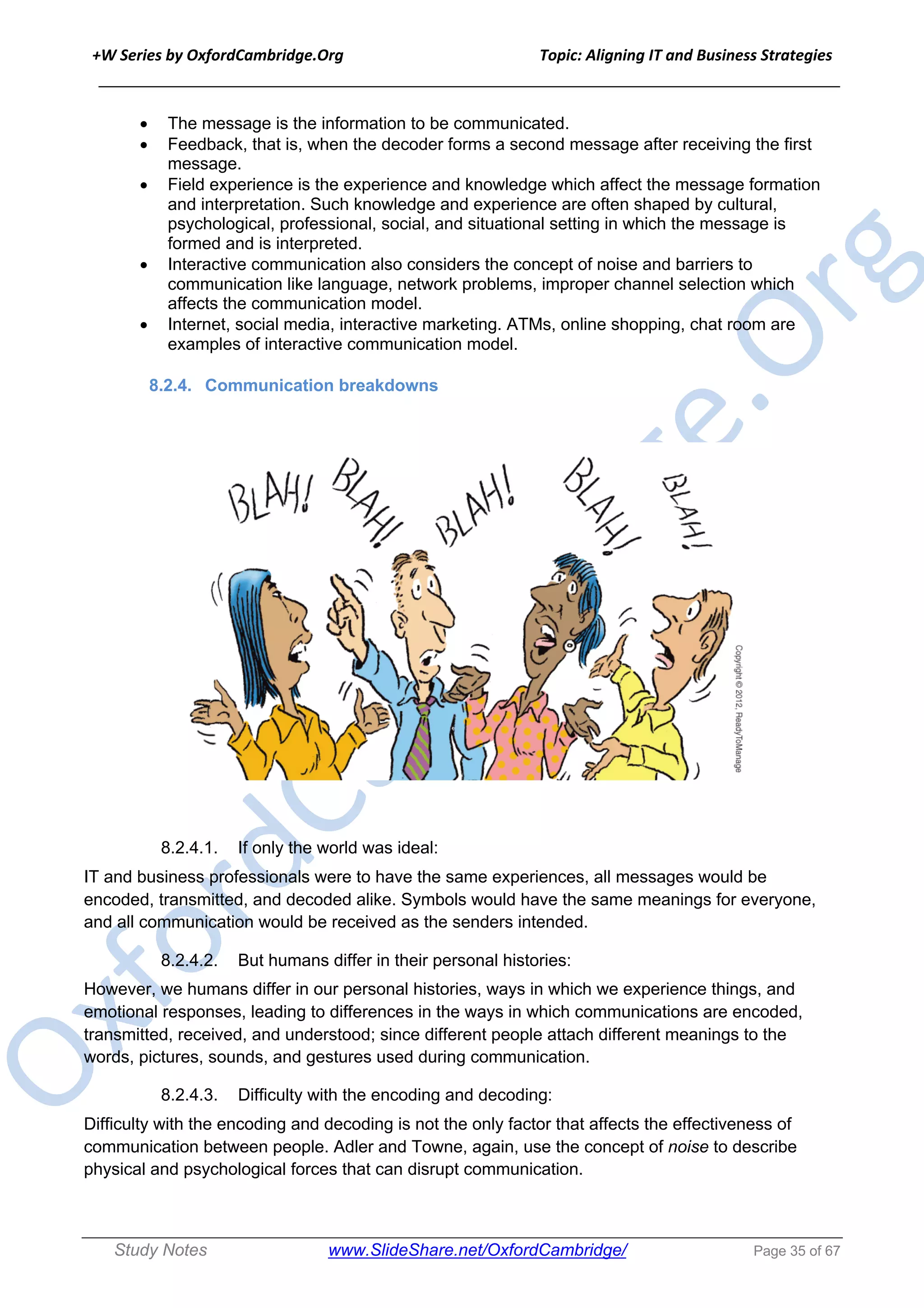 +W Series by OxfordCambridge.Org Topic: Aligning IT and Business Strategies
______________________________________________________________________________
Study Notes www.SlideShare.net/OxfordCambridge/ Page 35 of 67
• The message is the information to be communicated.
• Feedback, that is, when the decoder forms a second message after receiving the first
message.
• Field experience is the experience and knowledge which affect the message formation
and interpretation. Such knowledge and experience are often shaped by cultural,
psychological, professional, social, and situational setting in which the message is
formed and is interpreted.
• Interactive communication also considers the concept of noise and barriers to
communication like language, network problems, improper channel selection which
affects the communication model.
• Internet, social media, interactive marketing. ATMs, online shopping, chat room are
examples of interactive communication model.
8.2.4. Communication breakdowns
8.2.4.1. If only the world was ideal:
IT and business professionals were to have the same experiences, all messages would be
encoded, transmitted, and decoded alike. Symbols would have the same meanings for everyone,
and all communication would be received as the senders intended.
8.2.4.2. But humans differ in their personal histories:
However, we humans differ in our personal histories, ways in which we experience things, and
emotional responses, leading to differences in the ways in which communications are encoded,
transmitted, received, and understood; since different people attach different meanings to the
words, pictures, sounds, and gestures used during communication.
8.2.4.3. Difficulty with the encoding and decoding:
Difficulty with the encoding and decoding is not the only factor that affects the effectiveness of
communication between people. Adler and Towne, again, use the concept of noise to describe
physical and psychological forces that can disrupt communication.
 