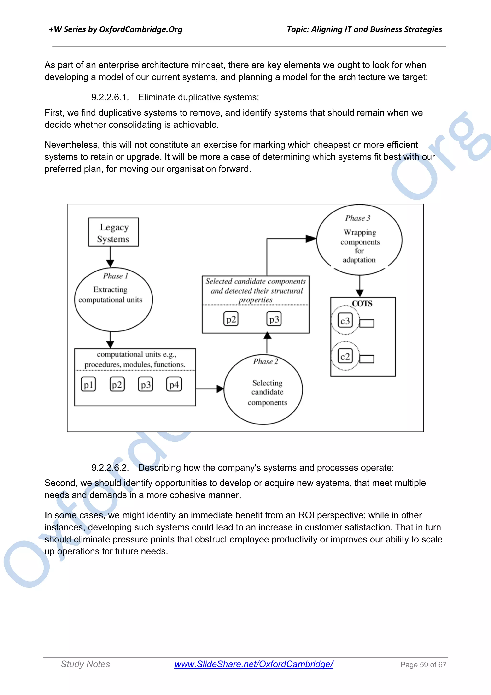 +W Series by OxfordCambridge.Org Topic: Aligning IT and Business Strategies
______________________________________________________________________________
Study Notes www.SlideShare.net/OxfordCambridge/ Page 59 of 67
As part of an enterprise architecture mindset, there are key elements we ought to look for when
developing a model of our current systems, and planning a model for the architecture we target:
9.2.2.6.1. Eliminate duplicative systems:
First, we find duplicative systems to remove, and identify systems that should remain when we
decide whether consolidating is achievable.
Nevertheless, this will not constitute an exercise for marking which cheapest or more efficient
systems to retain or upgrade. It will be more a case of determining which systems fit best with our
preferred plan, for moving our organisation forward.
9.2.2.6.2. Describing how the company's systems and processes operate:
Second, we should identify opportunities to develop or acquire new systems, that meet multiple
needs and demands in a more cohesive manner.
In some cases, we might identify an immediate benefit from an ROI perspective; while in other
instances, developing such systems could lead to an increase in customer satisfaction. That in turn
should eliminate pressure points that obstruct employee productivity or improves our ability to scale
up operations for future needs.
 