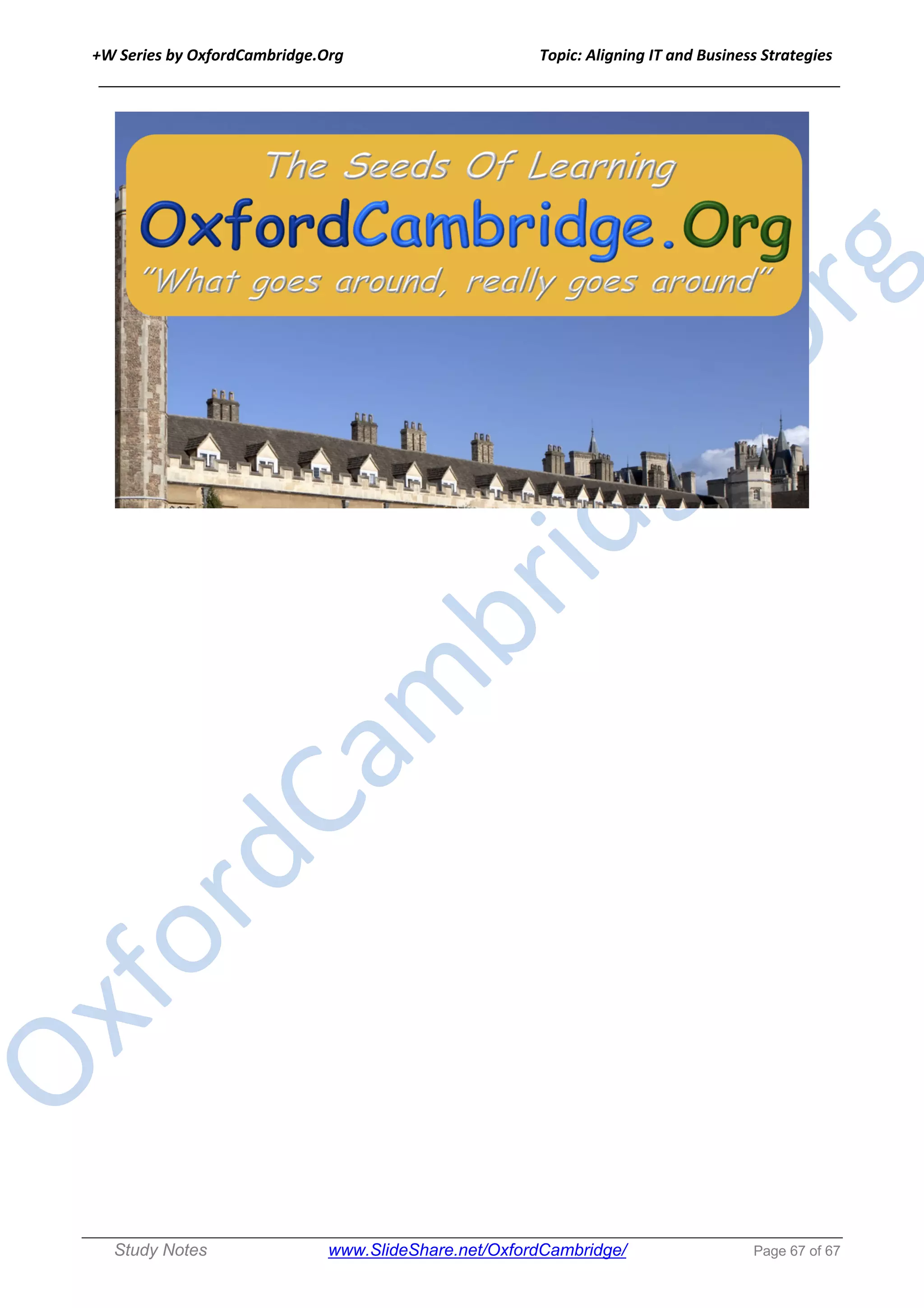 +W Series by OxfordCambridge.Org Topic: Aligning IT and Business Strategies
______________________________________________________________________________
Study Notes www.SlideShare.net/OxfordCambridge/ Page 67 of 67
 