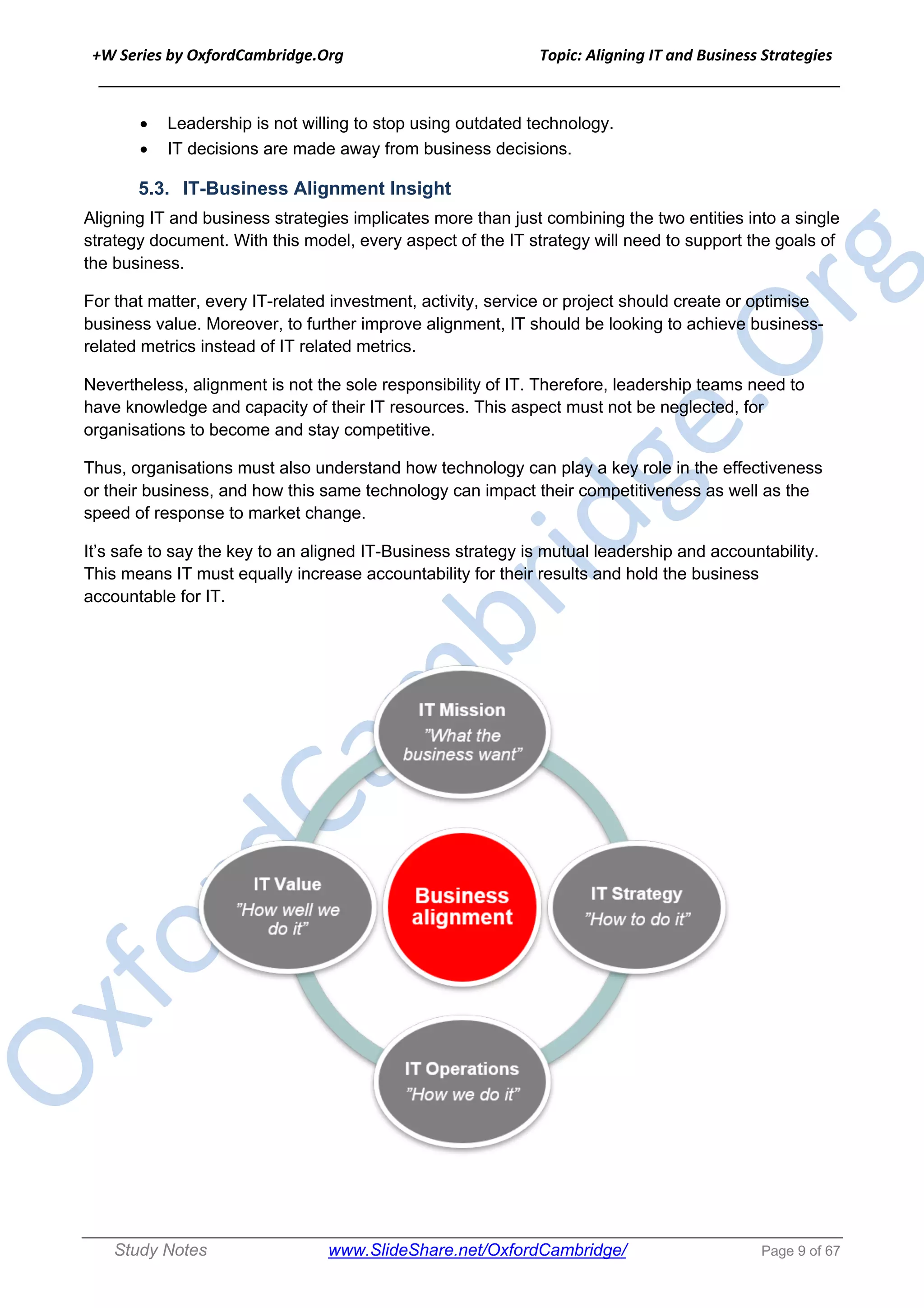 +W Series by OxfordCambridge.Org Topic: Aligning IT and Business Strategies
______________________________________________________________________________
Study Notes www.SlideShare.net/OxfordCambridge/ Page 9 of 67
• Leadership is not willing to stop using outdated technology.
• IT decisions are made away from business decisions.
5.3. IT-Business Alignment Insight
Aligning IT and business strategies implicates more than just combining the two entities into a single
strategy document. With this model, every aspect of the IT strategy will need to support the goals of
the business.
For that matter, every IT-related investment, activity, service or project should create or optimise
business value. Moreover, to further improve alignment, IT should be looking to achieve business-
related metrics instead of IT related metrics.
Nevertheless, alignment is not the sole responsibility of IT. Therefore, leadership teams need to
have knowledge and capacity of their IT resources. This aspect must not be neglected, for
organisations to become and stay competitive.
Thus, organisations must also understand how technology can play a key role in the effectiveness
or their business, and how this same technology can impact their competitiveness as well as the
speed of response to market change.
It’s safe to say the key to an aligned IT-Business strategy is mutual leadership and accountability.
This means IT must equally increase accountability for their results and hold the business
accountable for IT.
 