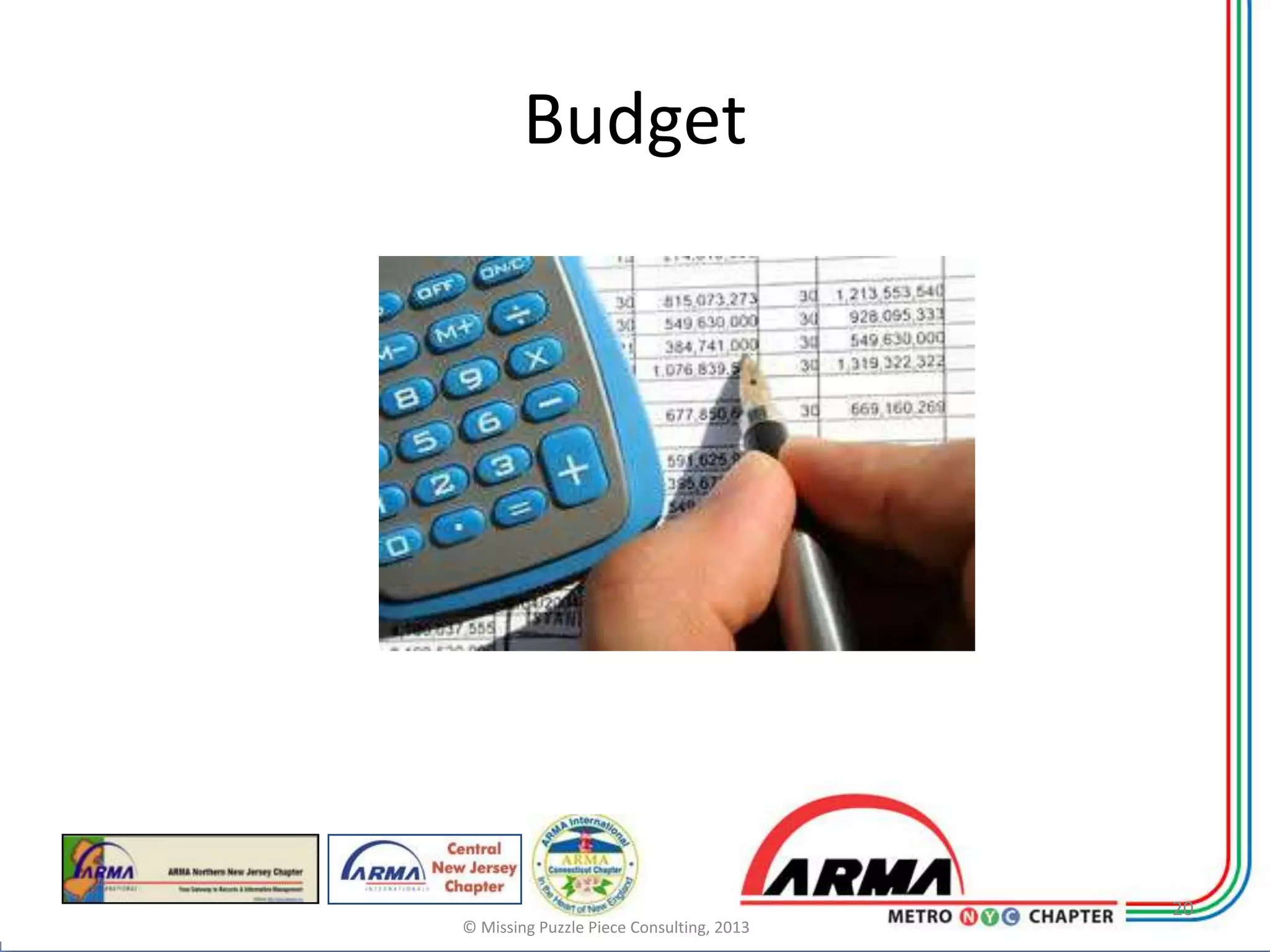Budget




                                          20
© Missing Puzzle Piece Consulting, 2013
 