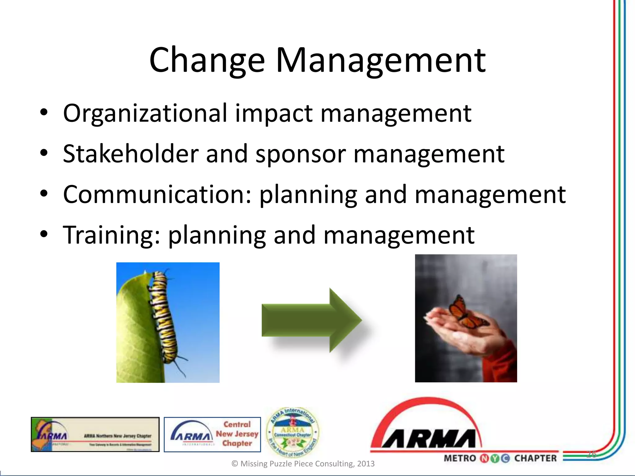 Change Management
•   Organizational impact management
•   Stakeholder and sponsor management
•   Communication: planning and management
•   Training: planning and management




                                                          26
                © Missing Puzzle Piece Consulting, 2013
 