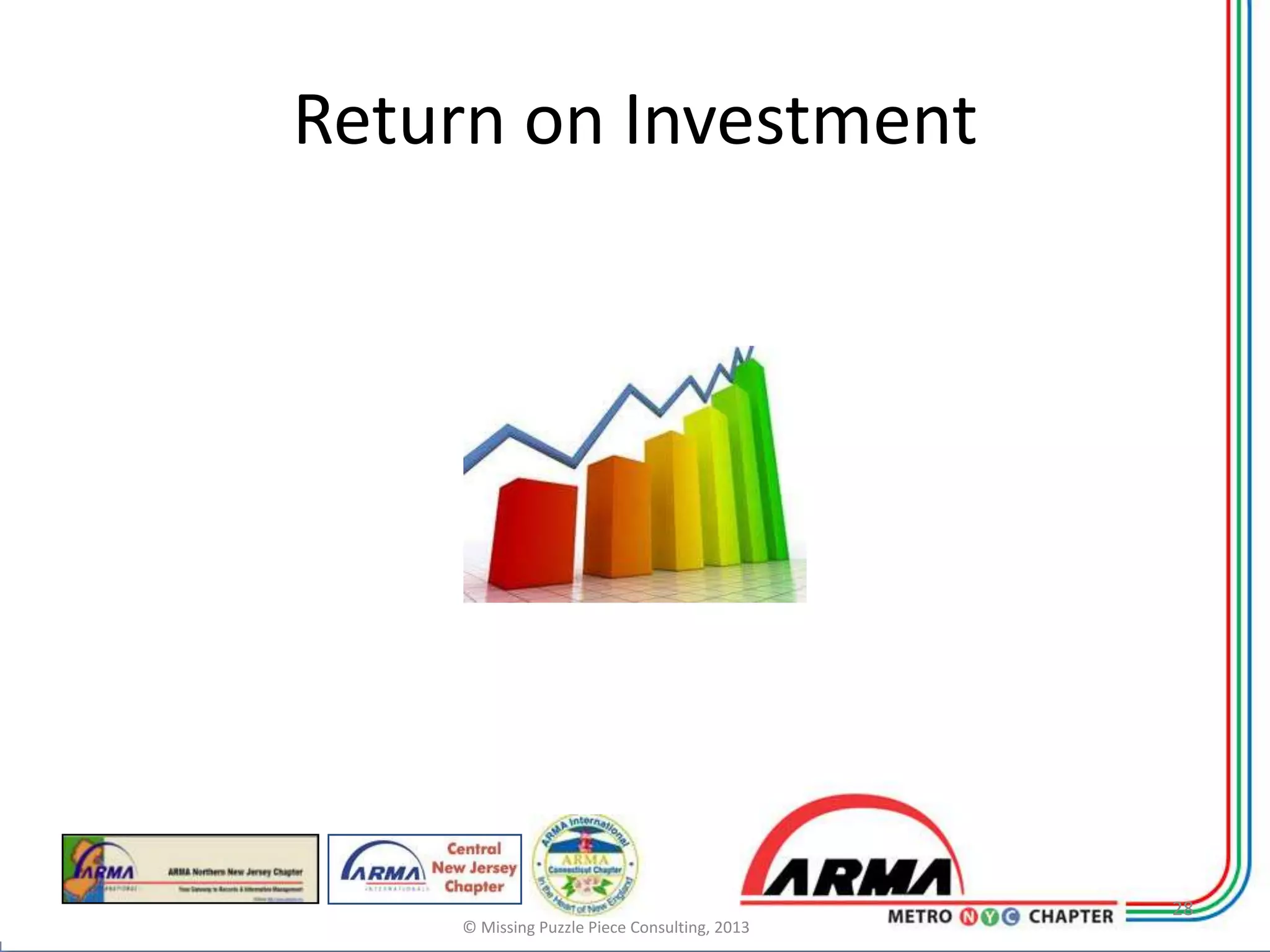 Return on Investment




                                              28
    © Missing Puzzle Piece Consulting, 2013
 