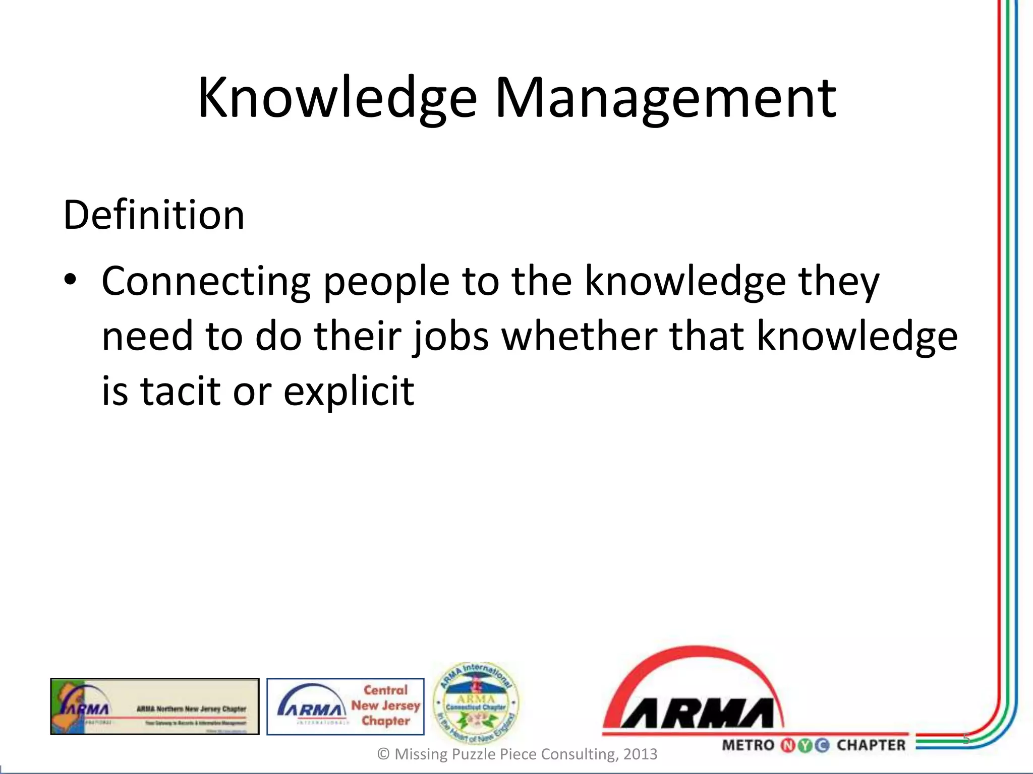 Knowledge Management
Definition
• Connecting people to the knowledge they
  need to do their jobs whether that knowledge
  is tacit or explicit




                                                          5
                © Missing Puzzle Piece Consulting, 2013
 