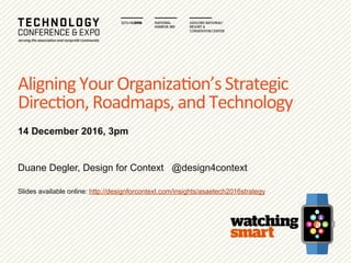  ASAE	
  Tech	
  2016:	
  Aligning	
  Your	
  Strategic	
  Direc9on,	
  Roadmaps,	
  and	
  Technology	
  	
  	
  	
  14  December  2016
@design4context
Aligning	
  Your	
  Organiza9on’s	
  Strategic	
  
Direc9on,	
  Roadmaps,	
  and	
  Technology	
  
14 December 2016, 3pm
Duane Degler, Design for Context @design4context
Slides available online: http://designforcontext.com/insights/asaetech2016strategy
 