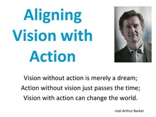 Aligning 
Vision with 
  Action
  Vision without action is merely a dream;
 Action without vision just passes the time;
  Vision with action can change the world.
                                  ‐Joel Arthur Barker
 