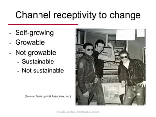 © Linda Gorchels, BrainSnacksCafe.com
How strong is
your support?
Those who sell for you
require lots of support …
– Training (product and sales)
– Ordering/sales management systems
– Marketing “air cover”
– Advertising support (“co-op”)
– Selling support
– Promotional programs
– Logistics (delivery/expediting, parts, returns,…)
 