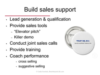 Management
& contracts
• Distributors
– contractual agreements, mutual business
planning & support
• Reps
– commission packages & support
• Direct
– sales management (with marketing support)
© Linda Gorchels, BrainSnacksCafe.com
 