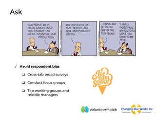 Ask
✓ Avoid respondent bias
❑ Cross-tab broad surveys
❑ Conduct focus groups
❑ Tap working groups and
middle managers
 